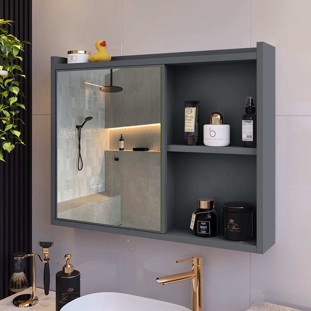 Espelheira Suspensa Armário Banheiro Prateleira Organizadora Cinza Kit Acessórios Lavabo 6 Peças Resistente Premium Cromado - RPM