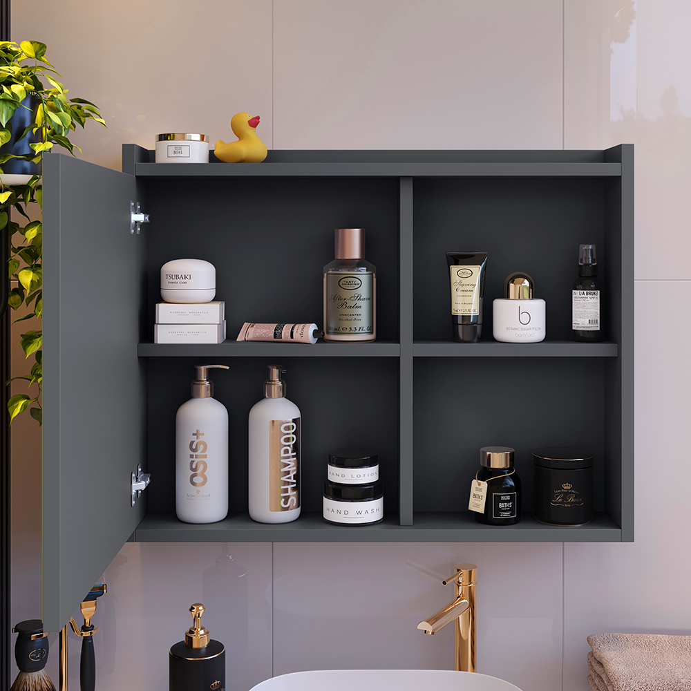 Espelheira Suspensa Armário Banheiro Prateleira Organizadora Cinza Kit Acessórios Lavabo 6 Peças Resistente Premium Cromado - RPM