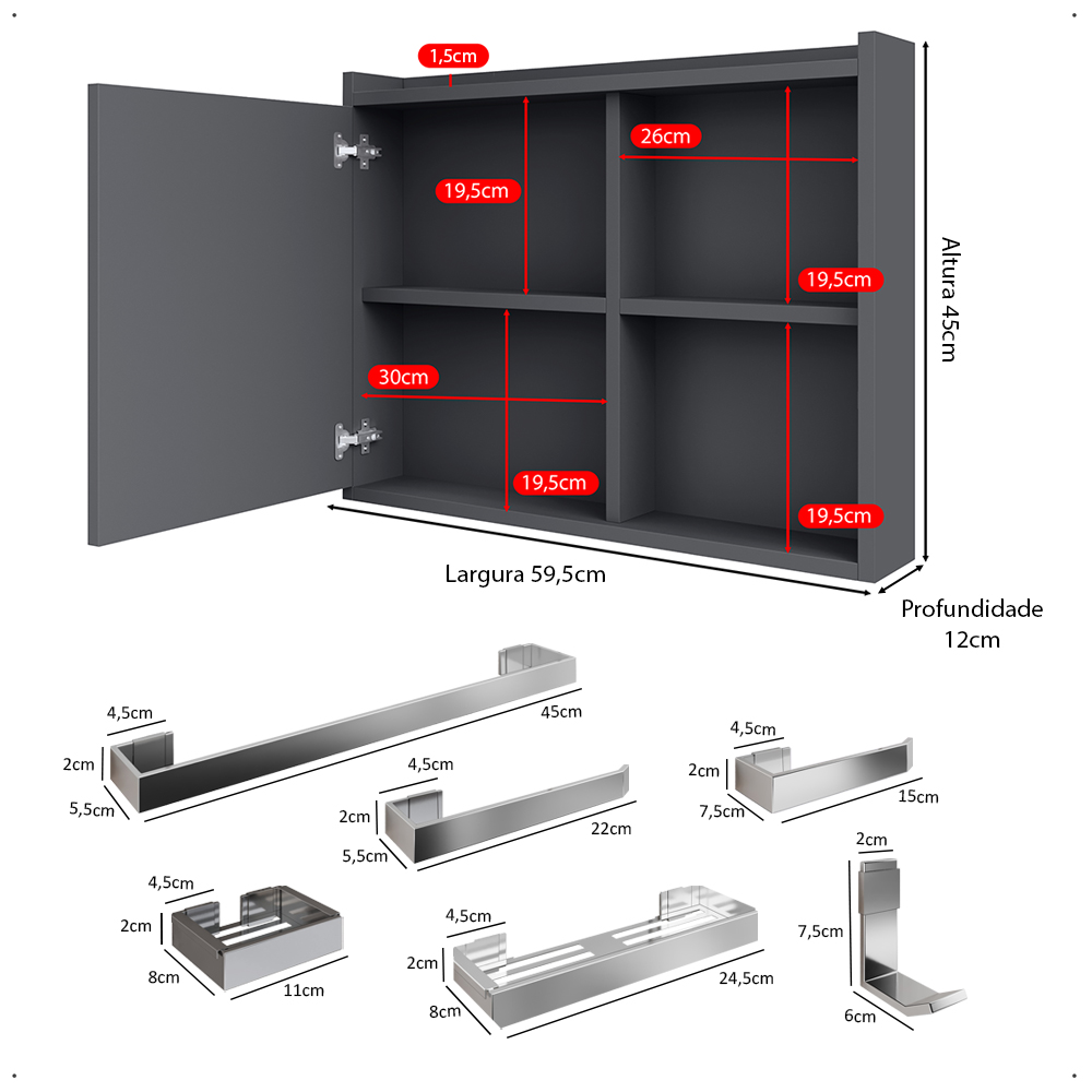 Espelheira Suspensa Armário Banheiro Prateleira Organizadora Cinza Kit Acessórios Lavabo 6 Peças Resistente Premium Cromado - RPM