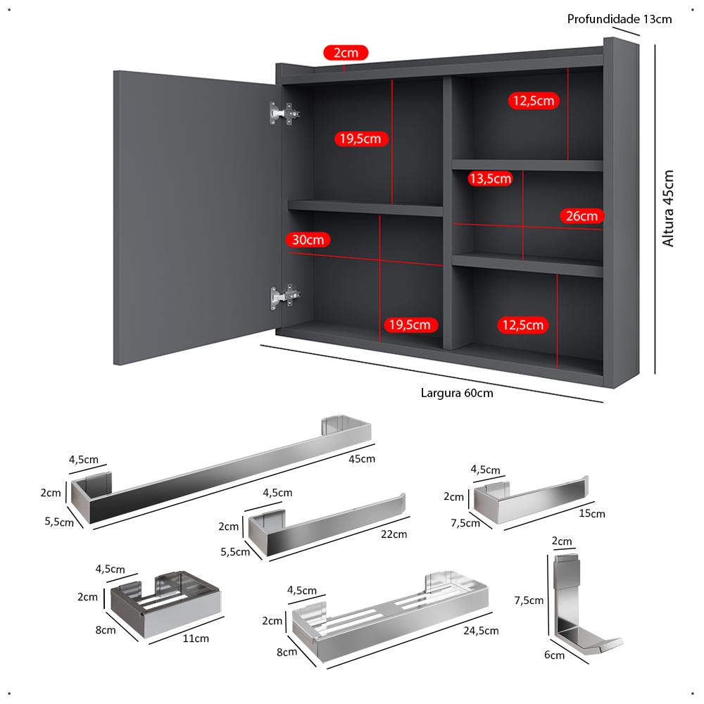 Espelheira Suspensa Armário Banheiro Prateleira Organizadora Cinza Kit Acessórios Lavabo 6 Peças Resistente Premium Cromado - RPM