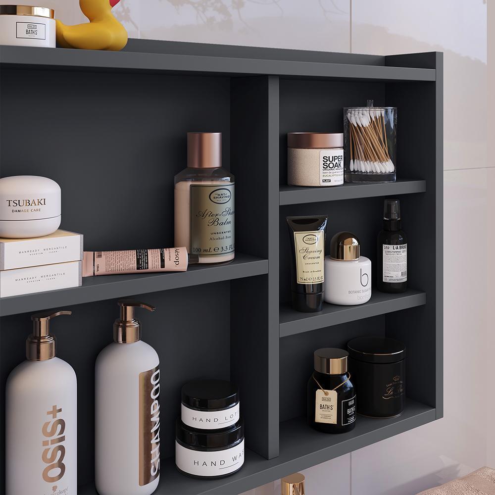 Espelheira Suspensa Armário Banheiro Prateleira Organizadora Cinza Kit Acessórios Lavabo 6 Peças Resistente Premium Cromado - RPM