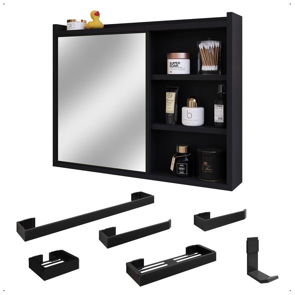 Espelheira Suspensa Armário Banheiro Prateleira Organizadora Kit Acessórios Lavabo 6 Peças Resistente Premium - Preto - RPM