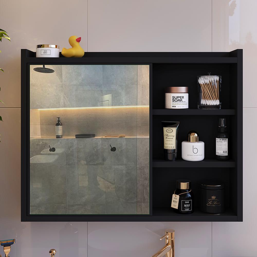 Espelheira Suspensa Armário Banheiro Prateleira Organizadora Kit Acessórios Lavabo 6 Peças Resistente Premium - Preto - RPM