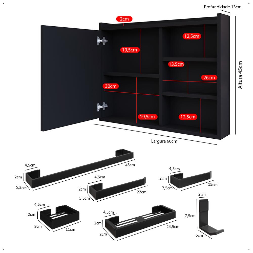 Espelheira Suspensa Armário Banheiro Prateleira Organizadora Kit Acessórios Lavabo 6 Peças Resistente Premium - Preto - RPM