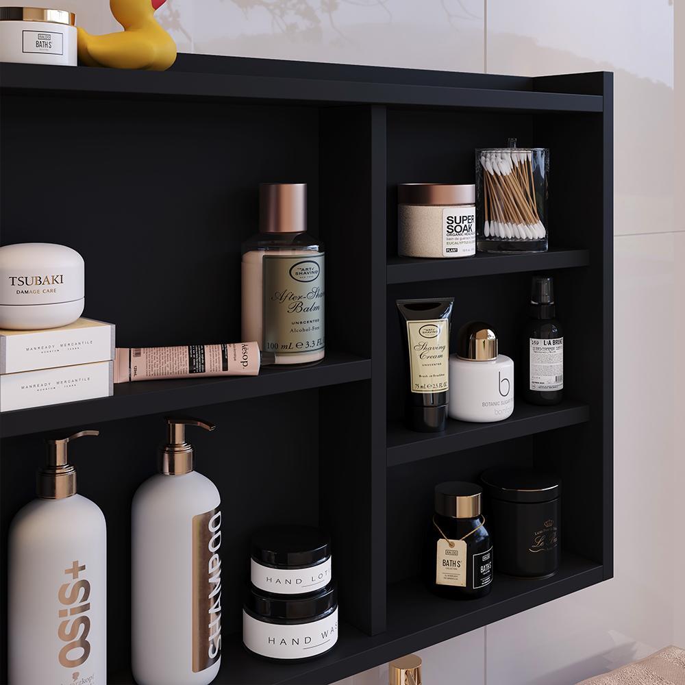 Espelheira Suspensa Armário Banheiro Prateleira Organizadora Kit Acessórios Lavabo 6 Peças Resistente Premium - Preto - RPM