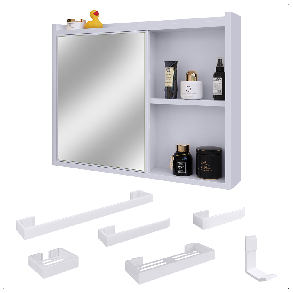 Espelheira Suspensa Armário Banheiro Prateleira Organizadora Kit Acessórios Lavabo 6 Peças Resistente Premium Branco - RPM
