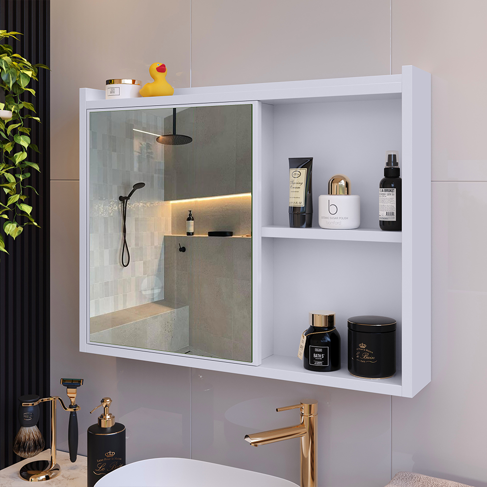 Espelheira Suspensa Armário Banheiro Prateleira Organizadora Kit Acessórios Lavabo 6 Peças Resistente Premium Branco - RPM