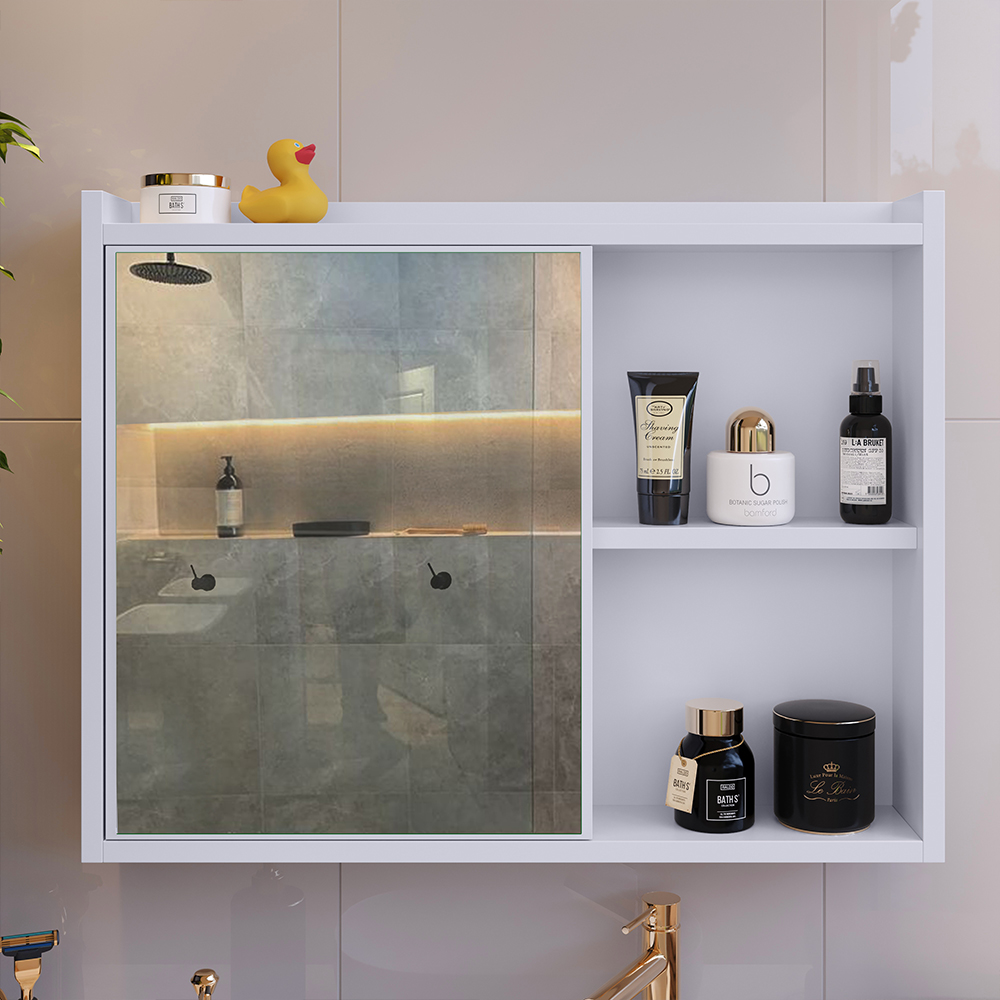 Espelheira Suspensa Armário Banheiro Prateleira Organizadora Kit Acessórios Lavabo 6 Peças Resistente Premium Branco - RPM