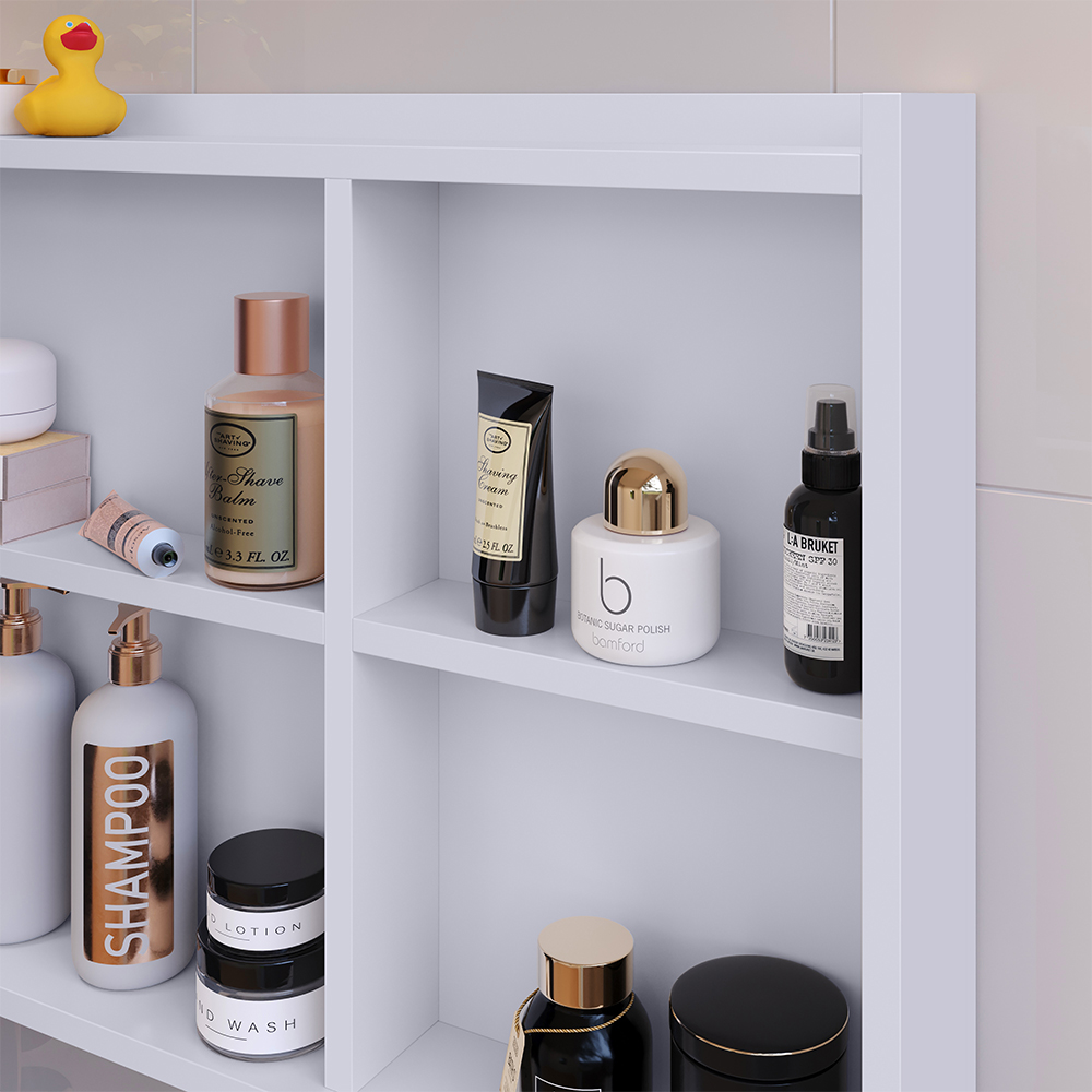 Espelheira Suspensa Armário Banheiro Prateleira Organizadora Kit Acessórios Lavabo 6 Peças Resistente Premium Branco - RPM