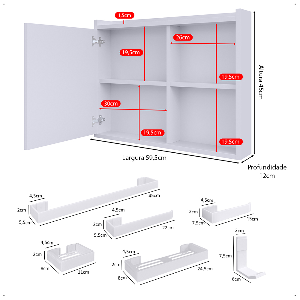 Espelheira Suspensa Armário Banheiro Prateleira Organizadora Kit Acessórios Lavabo 6 Peças Resistente Premium Branco - RPM