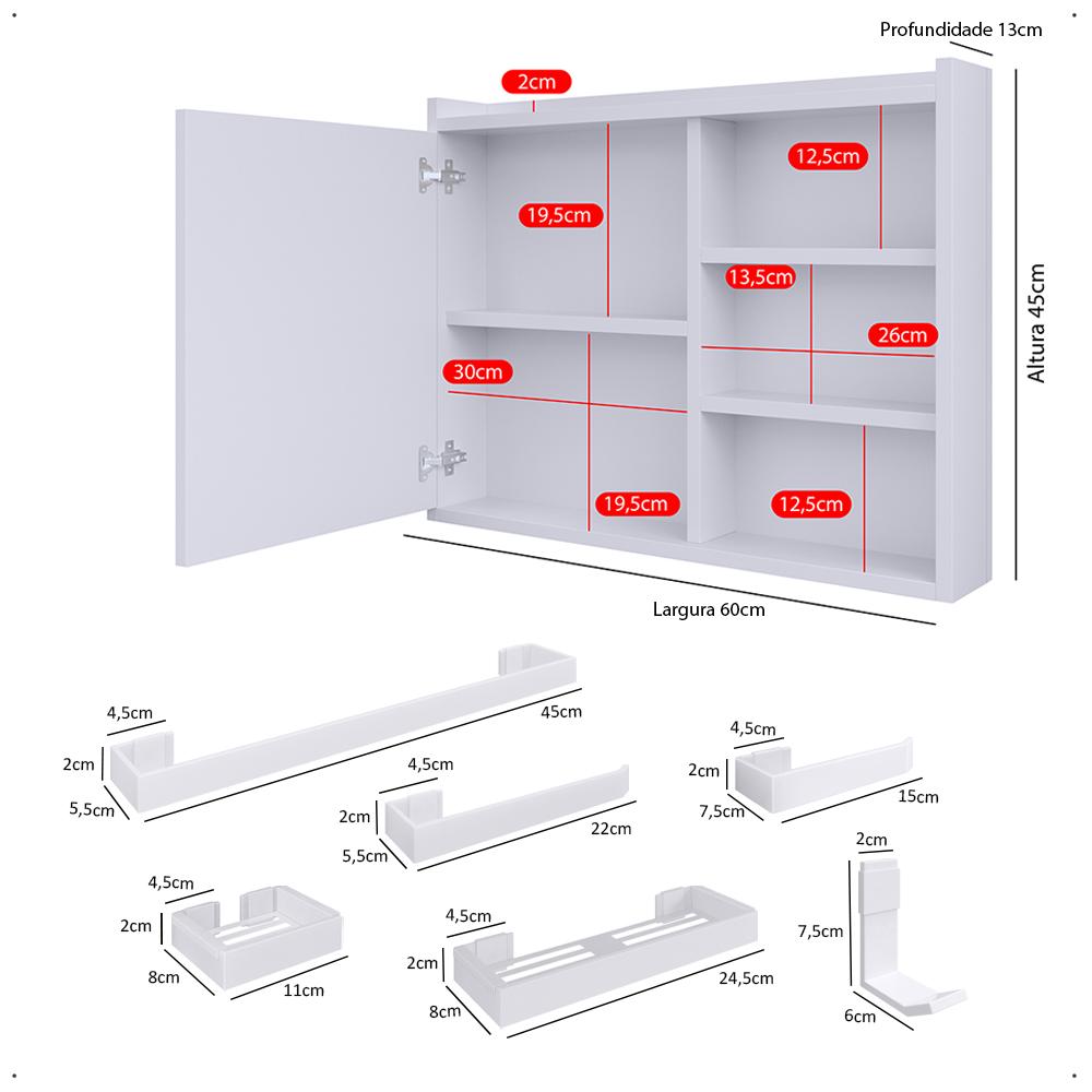 Espelheira Suspensa Armário Banheiro Prateleira Organizadora Kit Acessórios Lavabo 6 Peças Resistente Premium Branco - RPM