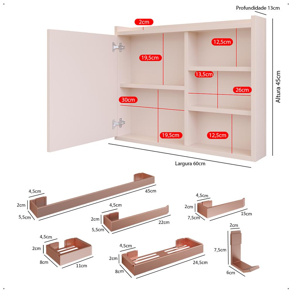 Espelheira Suspensa Armário Banheiro Prateleira Organizadora Off White Kit Acessórios Lavabo 6 Peças Resistente Premium Rose - RPM