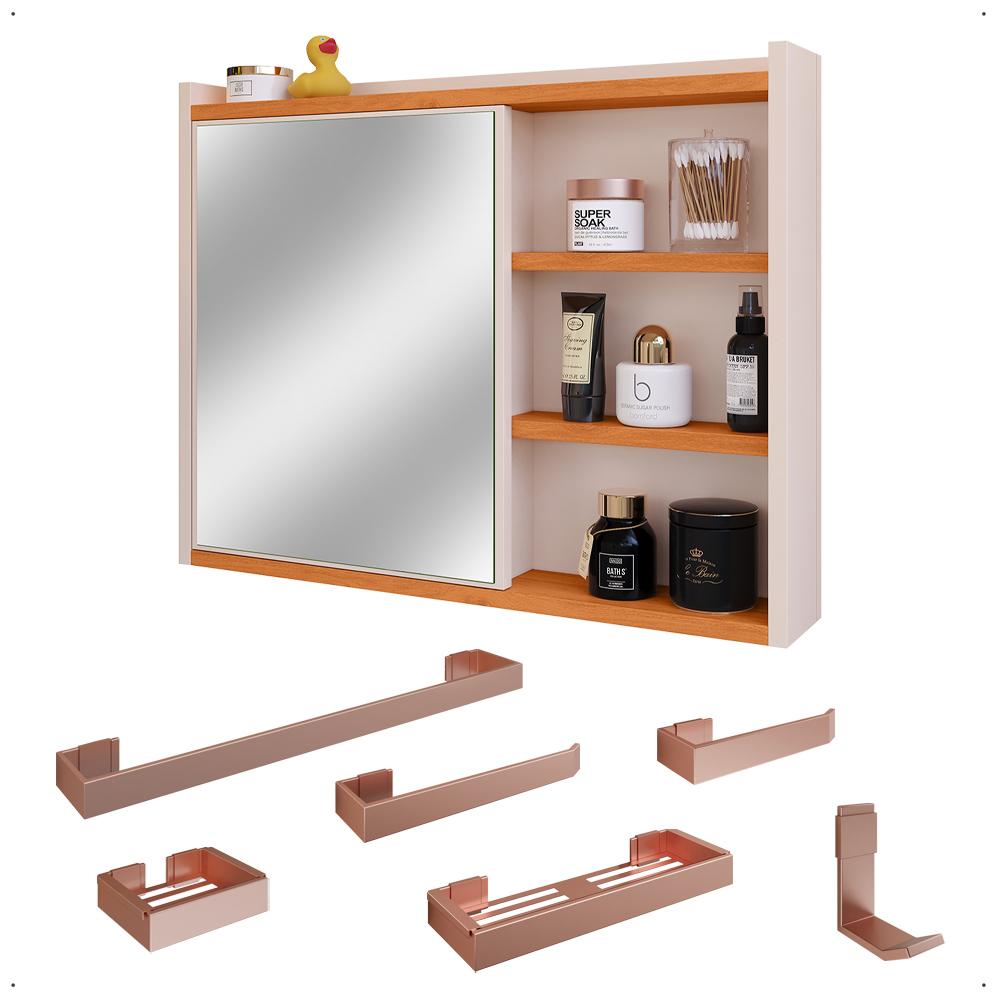 Espelheira Suspensa Armário Banheiro Prateleira Organizadora Off/Cinamomo Kit Acessórios Lavabo 6 Peças Resistente Premium Rose - RPM
