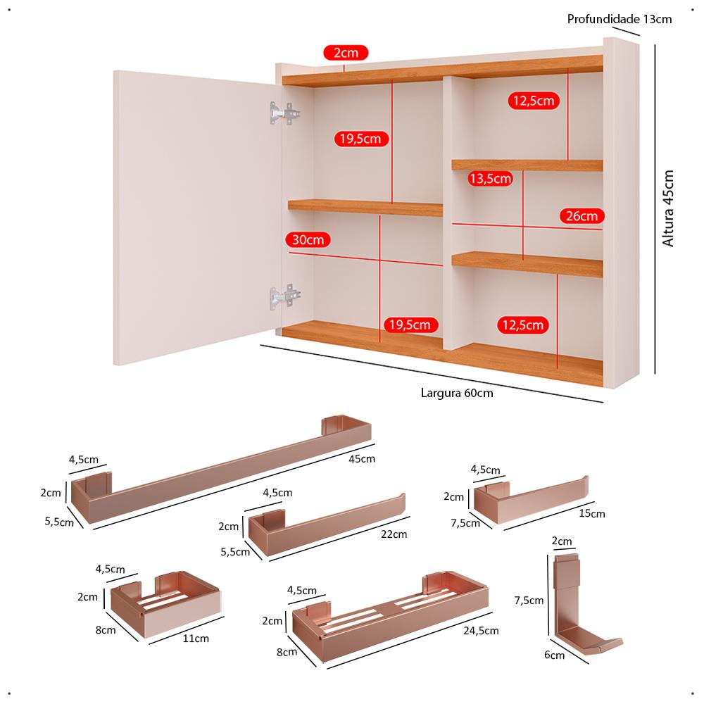 Espelheira Suspensa Armário Banheiro Prateleira Organizadora Off/Cinamomo Kit Acessórios Lavabo 6 Peças Resistente Premium Rose - RPM