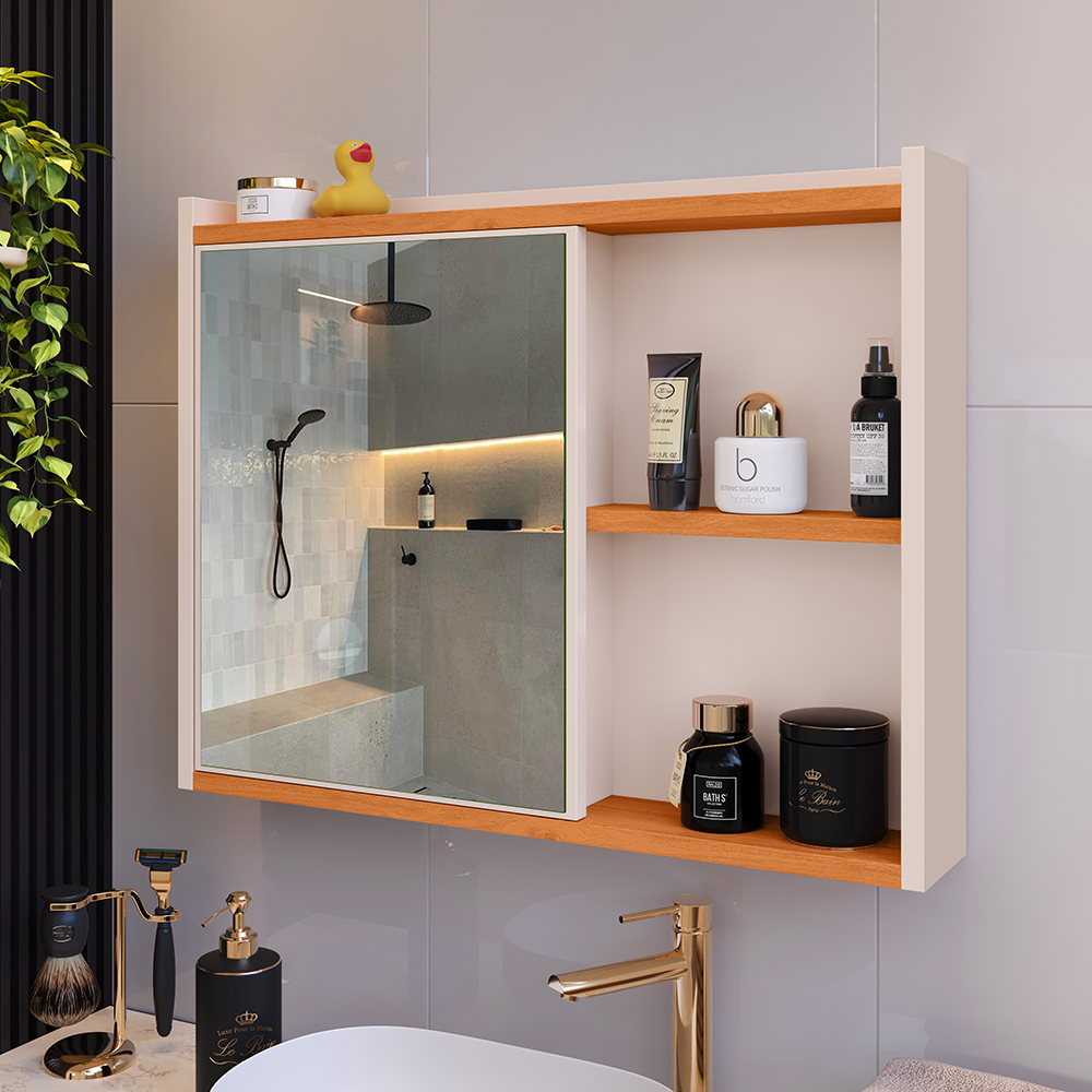 Espelheira Suspensa Armário Banheiro Prateleira Organizadora Off/Cinamomo Kit Acessórios Lavabo 6 Peças Resistente Premium Rose - RPM