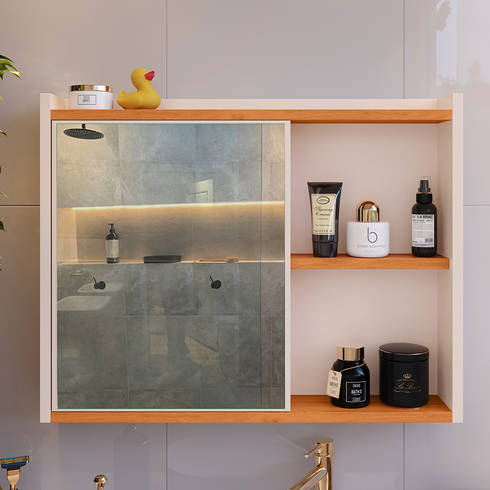 Espelheira Suspensa Armário Banheiro Prateleira Organizadora Off/Cinamomo Kit Acessórios Lavabo 6 Peças Resistente Premium Rose - RPM