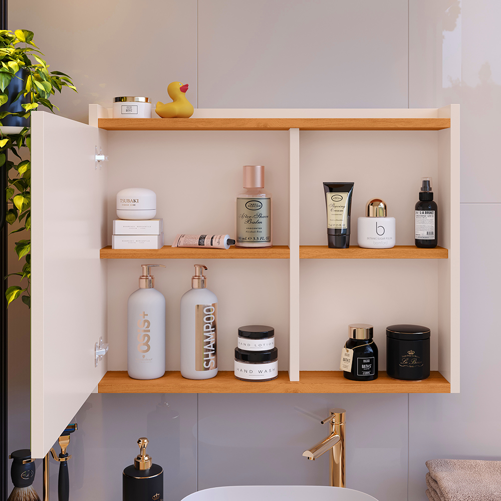 Espelheira Suspensa Armário Banheiro Prateleira Organizadora Off/Cinamomo Kit Acessórios Lavabo 6 Peças Resistente Premium Rose - RPM