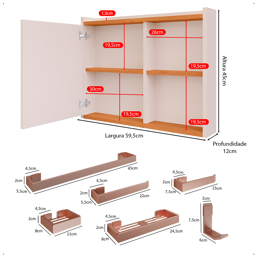 Espelheira Suspensa Armário Banheiro Prateleira Organizadora Off/Cinamomo Kit Acessórios Lavabo 6 Peças Resistente Premium Rose - RPM