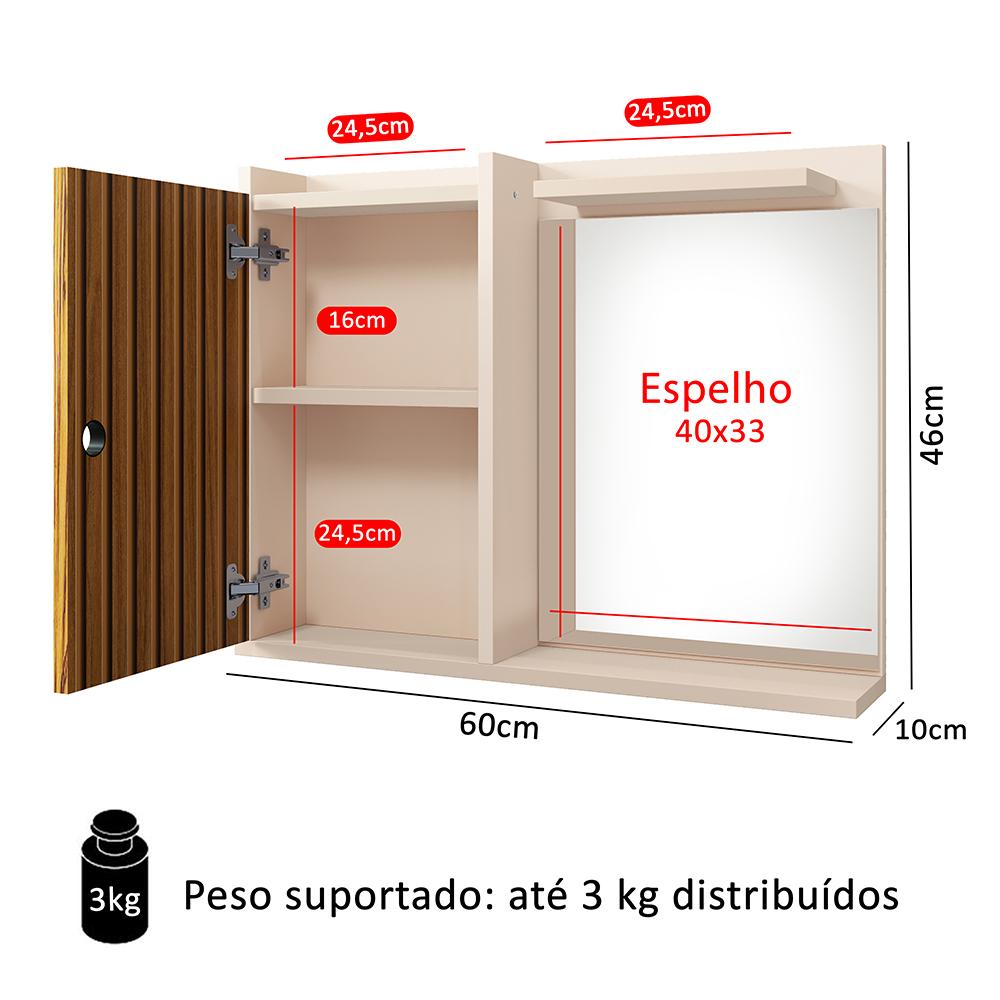 Espelheira Suspensa Madri Armário Parede Armarinho Banheiro Prateleira Organizadora - Off White/Ripado Nature - RPM Móveis