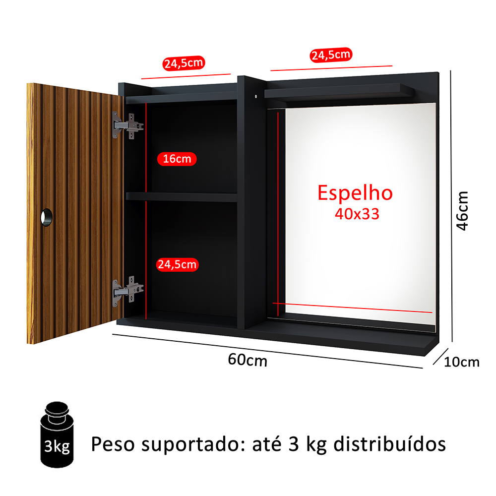 Espelheira Suspensa Madri Armário Parede Armarinho Banheiro Prateleira Organizadora - Preto/Ripado Nature - RPM Móveis
