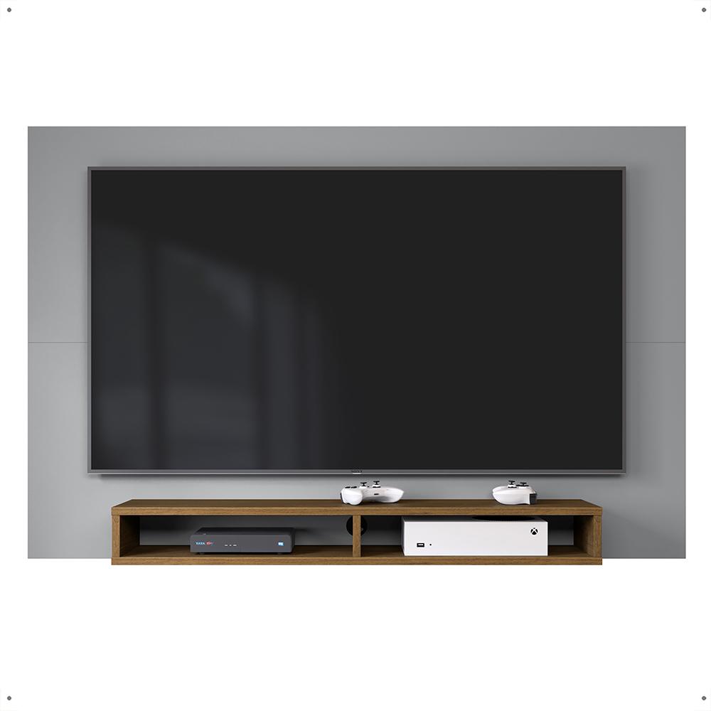 Estante Painel Home Suspenso TV Smart 42 Polegadas Nicho Eletrônico Sala Quarto Pequeno Decoração Retrô Manhattan - Cinza/Jequitibá - RPM