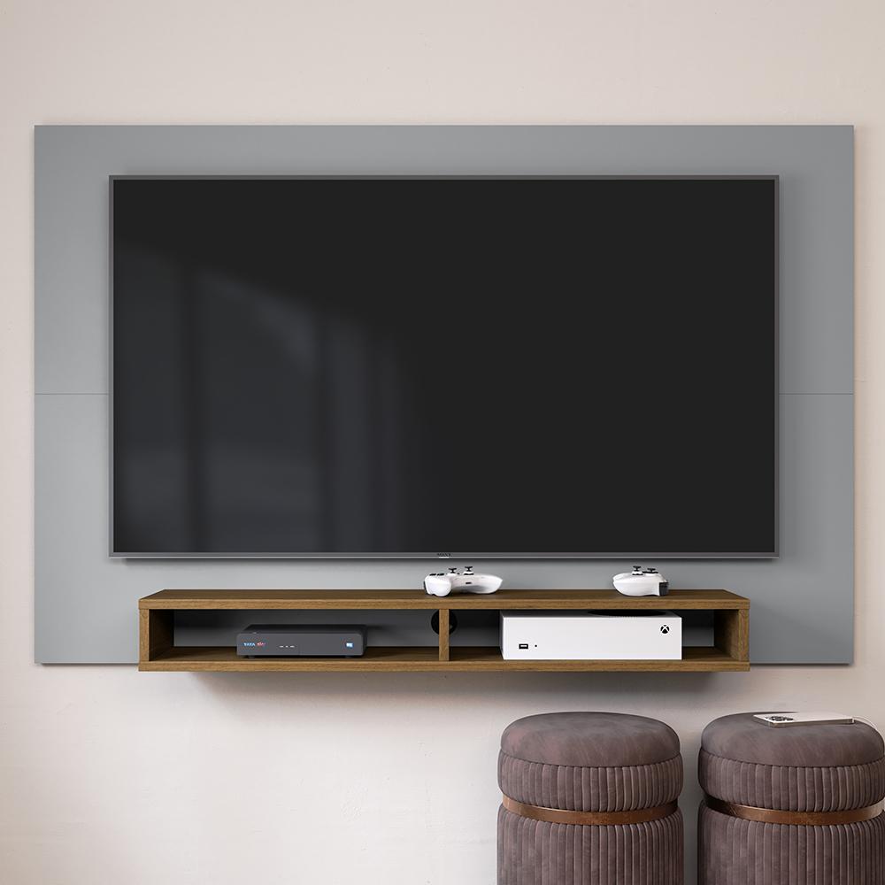 Estante Painel Home Suspenso TV Smart 42 Polegadas Nicho Eletrônico Sala Quarto Pequeno Decoração Retrô Manhattan - Cinza/Jequitibá - RPM
