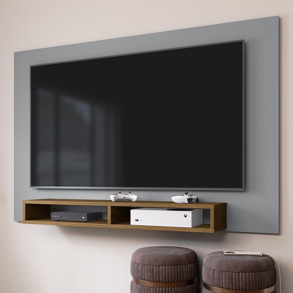 Estante Painel Home Suspenso TV Smart 42 Polegadas Nicho Eletrônico Sala Quarto Pequeno Decoração Retrô Manhattan - Cinza/Jequitibá - RPM