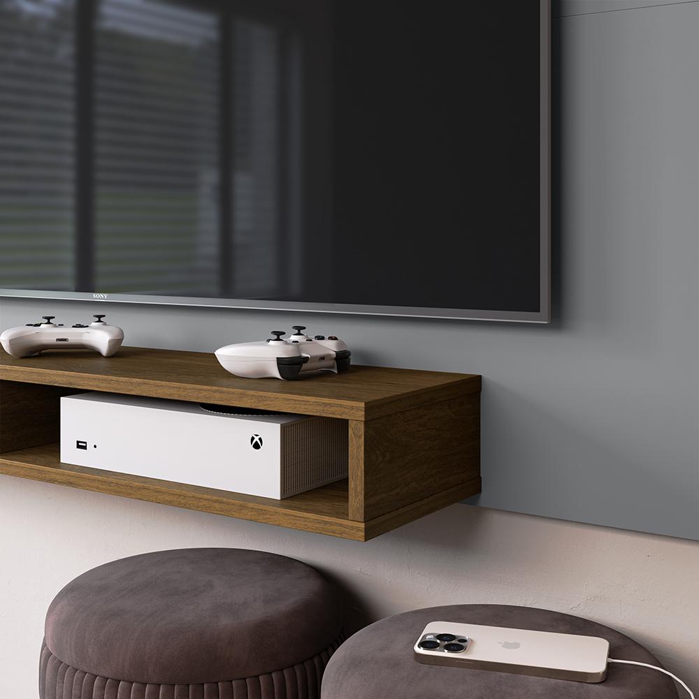 Estante Painel Home Suspenso TV Smart 42 Polegadas Nicho Eletrônico Sala Quarto Pequeno Decoração Retrô Manhattan - Cinza/Jequitibá - RPM