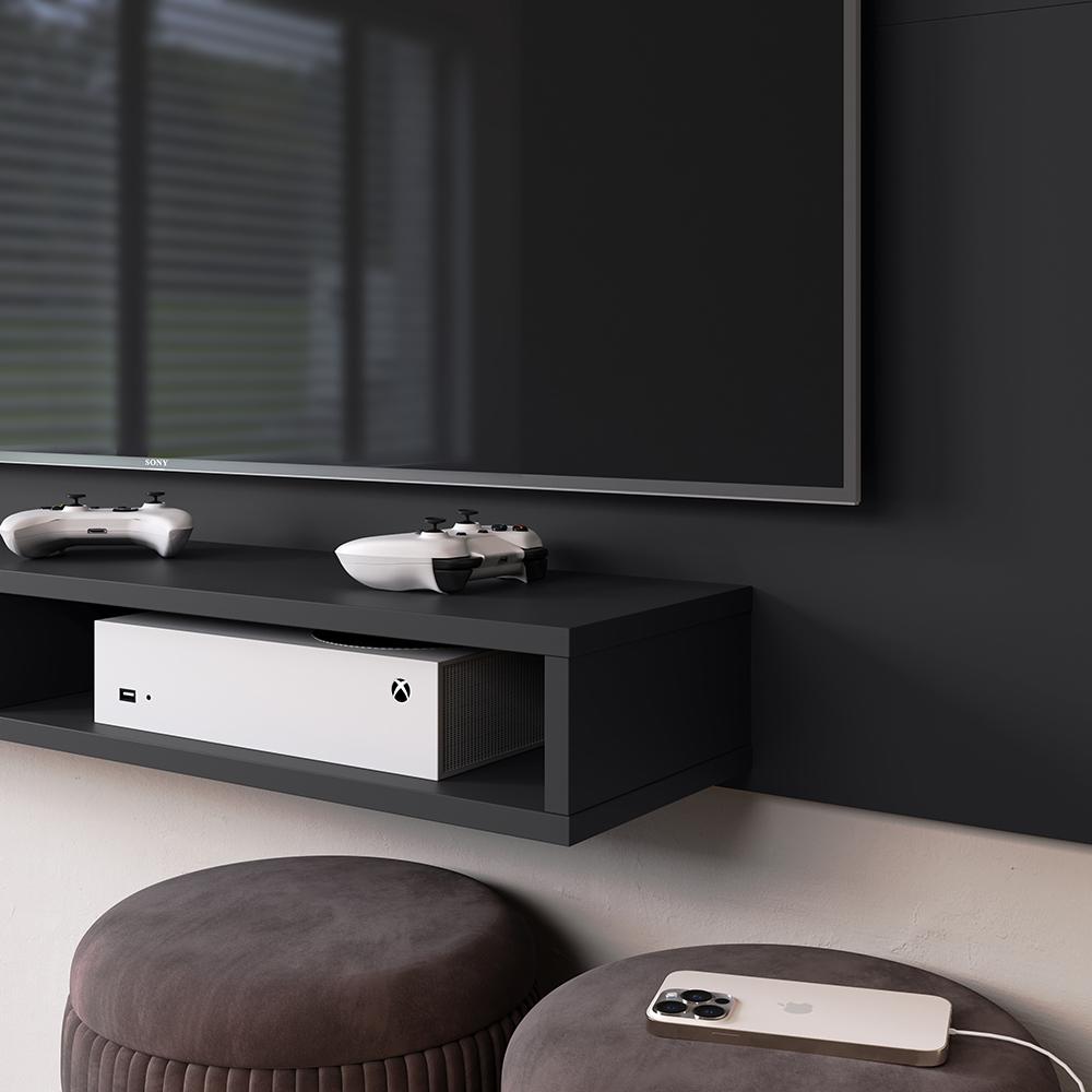 Estante Painel Home Suspenso TV Smart 42 Polegadas Nicho Eletrônico Sala Quarto Pequeno Decoração Retrô Manhattan - Preto - RPM