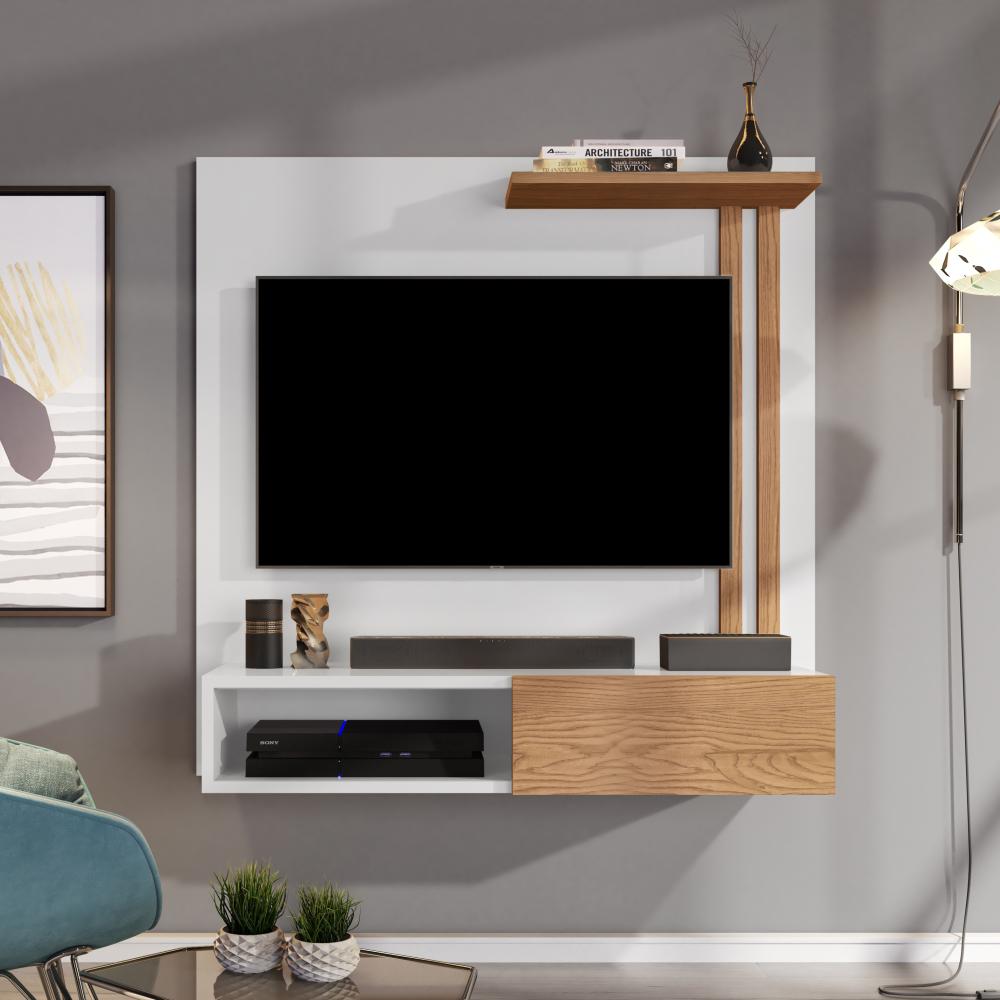 Estante Painel Suspenso Televisão TV 32 Polegadas Prateleira Decorativa Nicho Eletrônico Porta de Correr Sala Quarto Flow - Branco/Nature - Mania