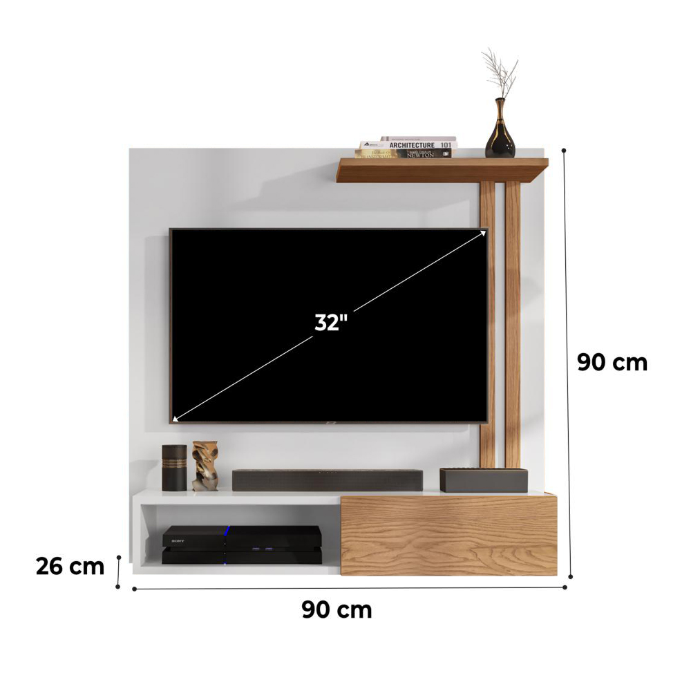 Estante Painel Suspenso Televisão TV 32 Polegadas Prateleira Decorativa Nicho Eletrônico Porta de Correr Sala Quarto Flow - Branco/Nature - Mania