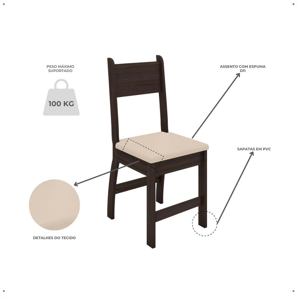Jogo 2 Cadeiras Para Mesa de Jantar Milano MDF Assento Estofado Espuma D11 Pés Retrô Cozinha Moderna Amêndoa/Savana