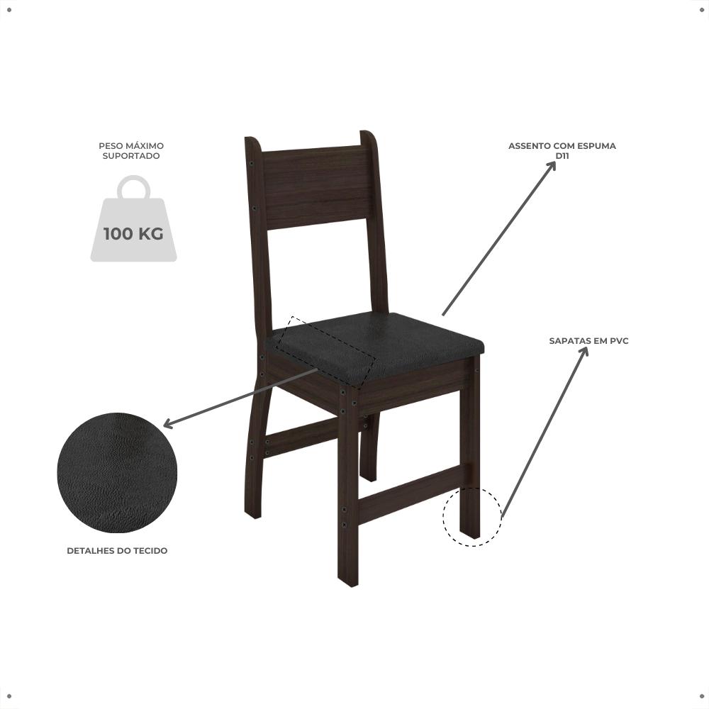 Jogo 2 Cadeiras Para Mesa de Jantar Milano MDF Assento Estofado Espuma D11 Pés Retrô Cozinha Moderna Amendoa/Preto
