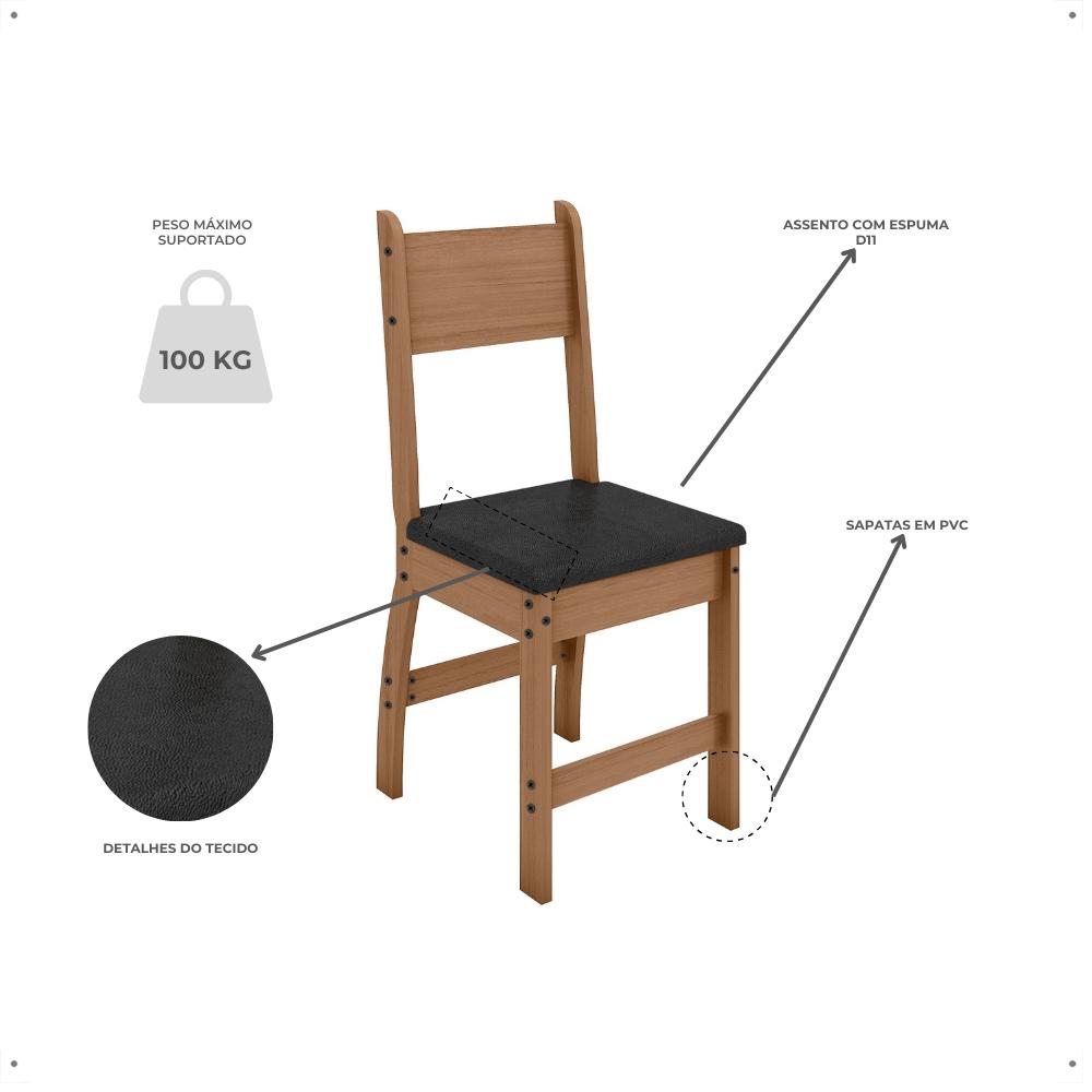 Jogo 2 Cadeiras Para Mesa de Jantar Milano MDF Assento Estofado Espuma D11 Pés Retrô Cozinha Moderna Carvalho/Preto