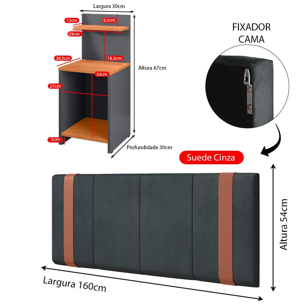 Jogo 2 Mesas Cabeceira Fantasy Cinza/Cinamomo Prateleira Porta Objetos Painel Suspenso Parise Cama Box Queen Size 1,60 Suede - Lojas RPM
