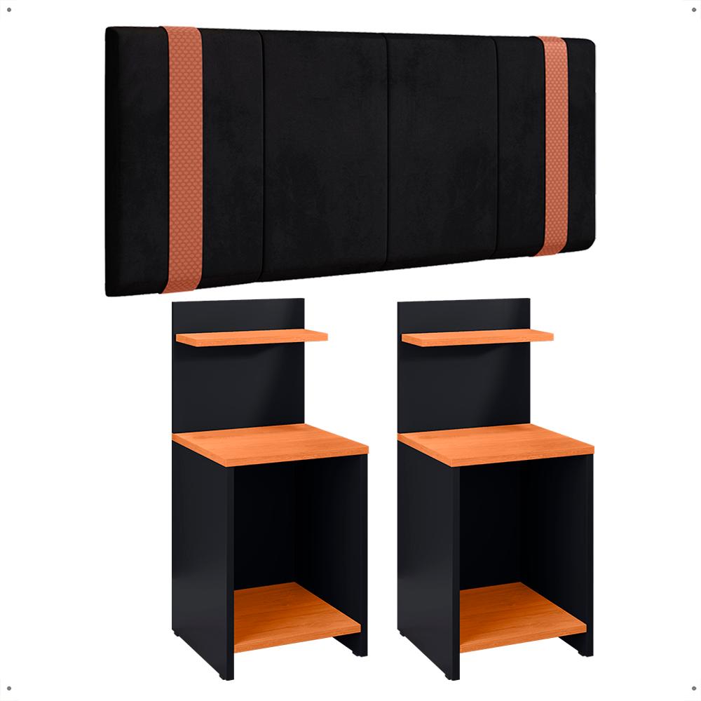 Jogo 2 Mesas Cabeceira Fantasy Preto/Cinamomo Prateleira Porta Objetos Painel Suspenso Parise Cama Box Queen Size 1,60 Suede - Lojas RPM