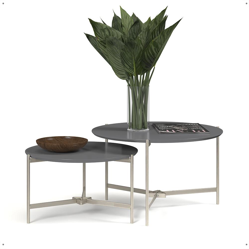 Jogo 2 Mesas Industrial Centro Sala Prisma Mesinhas MDF Redonda Pequena Pés Ferro Resistente Decoração Casa - Cinza - RPM