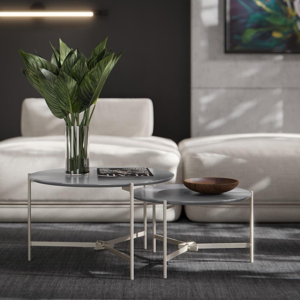 Jogo 2 Mesas Industrial Centro Sala Prisma Mesinhas MDF Redonda Pequena Pés Ferro Resistente Decoração Casa - Cinza - RPM
