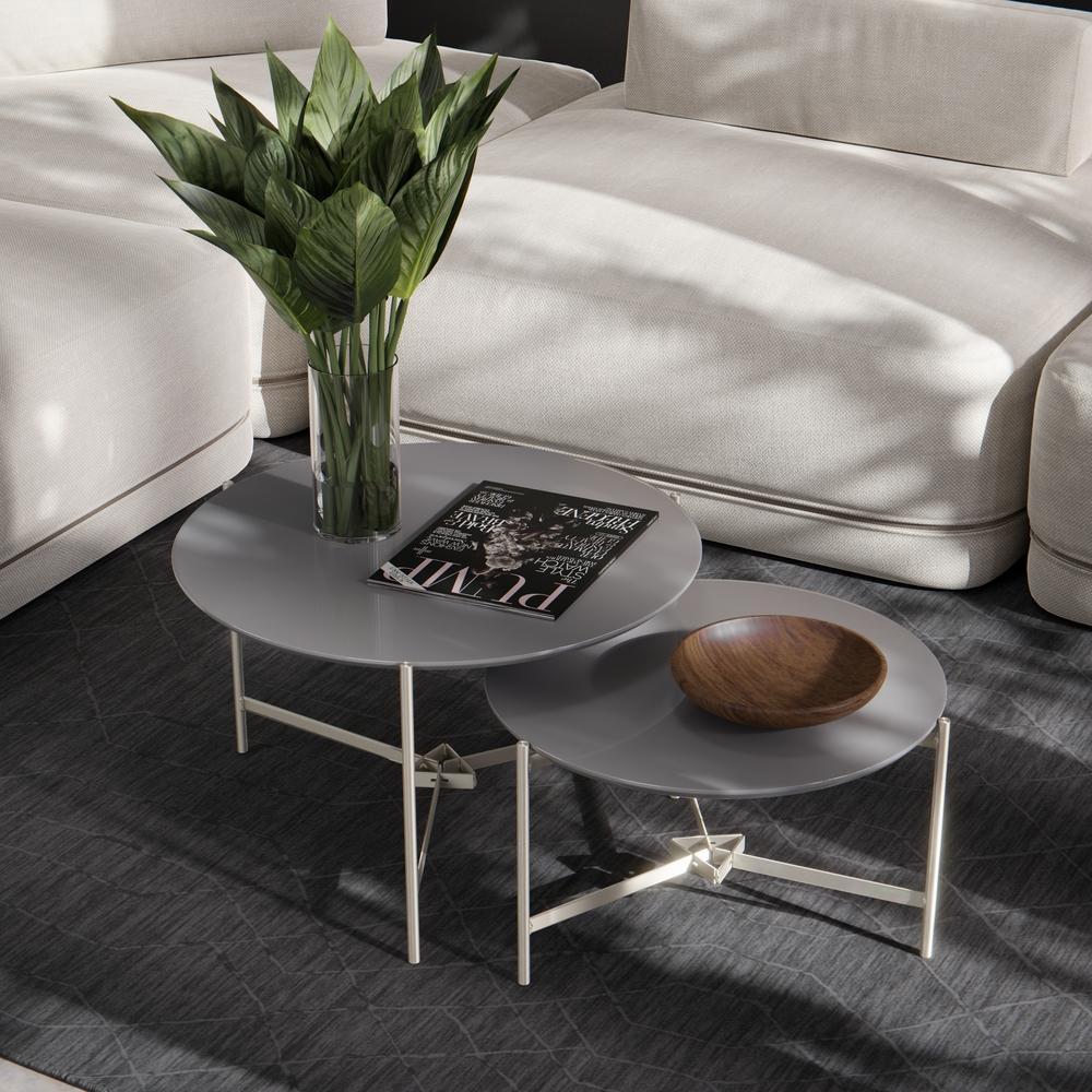 Jogo 2 Mesas Industrial Centro Sala Prisma Mesinhas MDF Redonda Pequena Pés Ferro Resistente Decoração Casa - Cinza - RPM