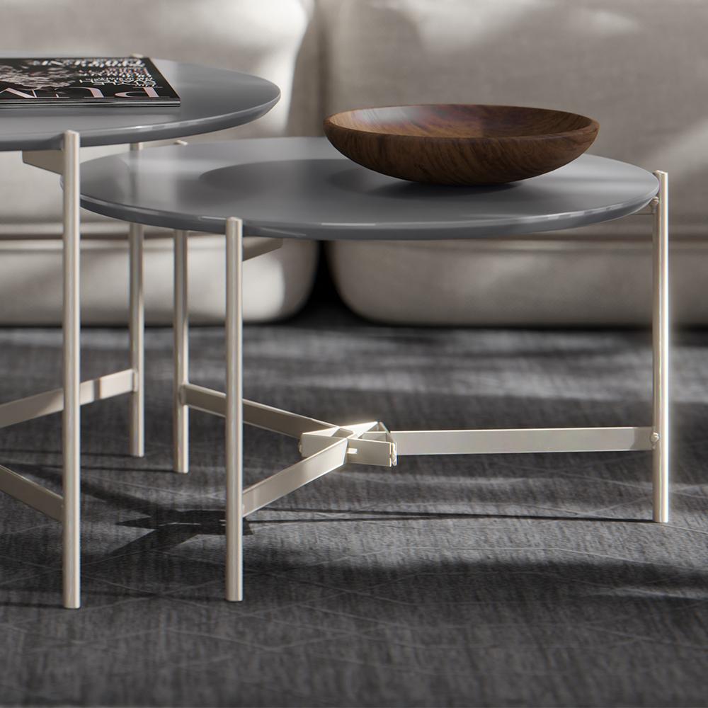 Jogo 2 Mesas Industrial Centro Sala Prisma Mesinhas MDF Redonda Pequena Pés Ferro Resistente Decoração Casa - Cinza - RPM