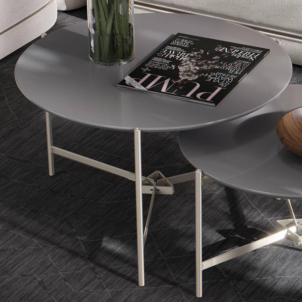 Jogo 2 Mesas Industrial Centro Sala Prisma Mesinhas MDF Redonda Pequena Pés Ferro Resistente Decoração Casa - Cinza - RPM