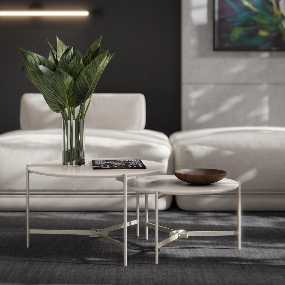 Jogo 2 Mesas Industrial Centro Sala Prisma Mesinhas MDF Redonda Pequena Pés Ferro Resistente Decoração Casa - Off White - RPM