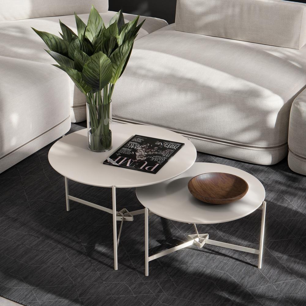 Jogo 2 Mesas Industrial Centro Sala Prisma Mesinhas MDF Redonda Pequena Pés Ferro Resistente Decoração Casa - Off White - RPM