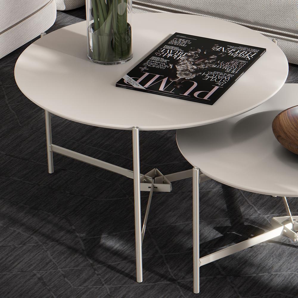 Jogo 2 Mesas Industrial Centro Sala Prisma Mesinhas MDF Redonda Pequena Pés Ferro Resistente Decoração Casa - Off White - RPM