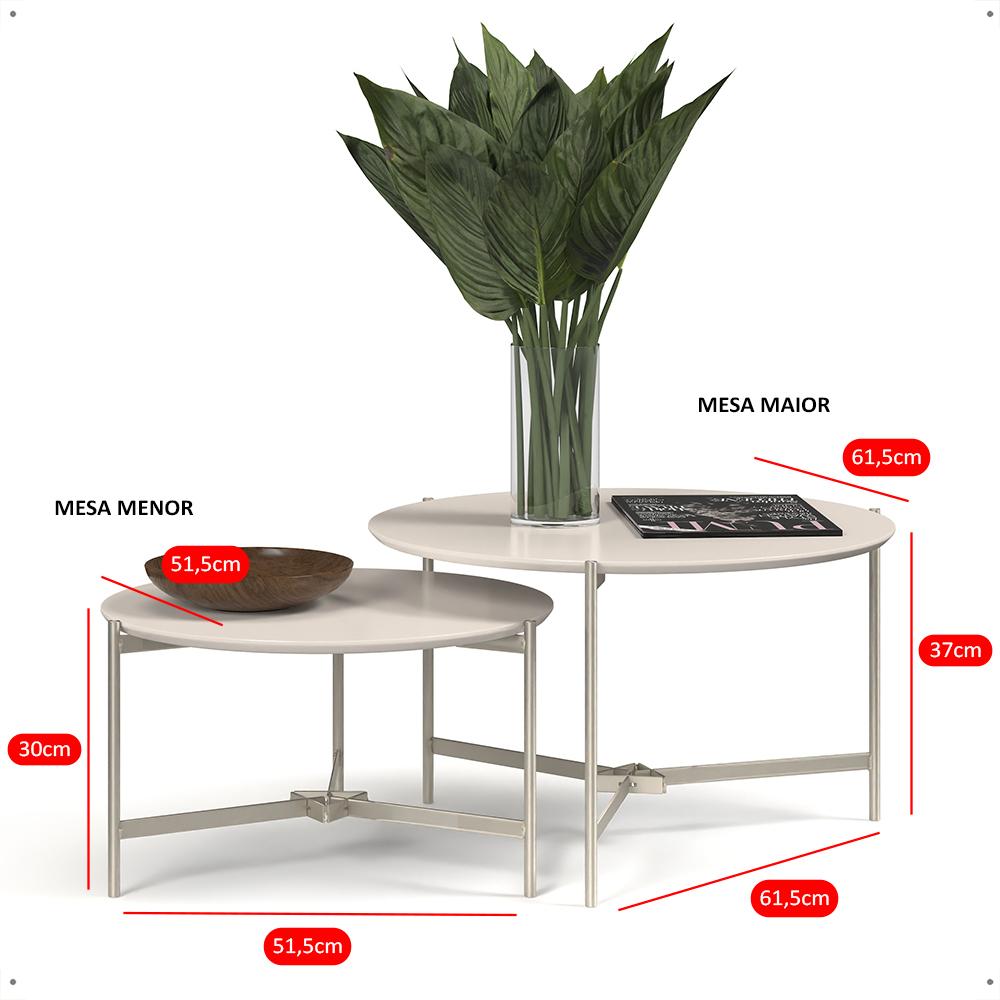 Jogo 2 Mesas Industrial Centro Sala Prisma Mesinhas MDF Redonda Pequena Pés Ferro Resistente Decoração Casa - Off White - RPM