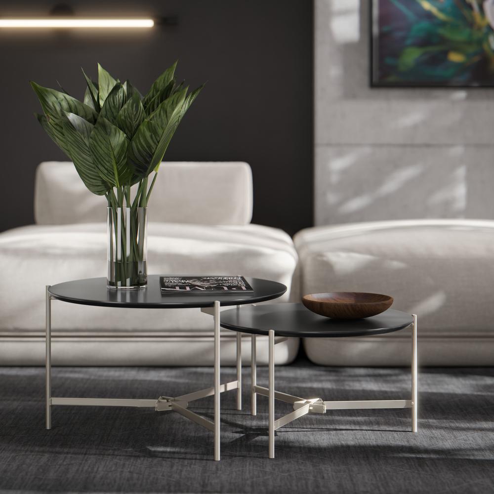 Jogo 2 Mesas Industrial Centro Sala Prisma Mesinhas MDF Redonda Pequena Pés Ferro Resistente Decoração Casa - Preto - RPM
