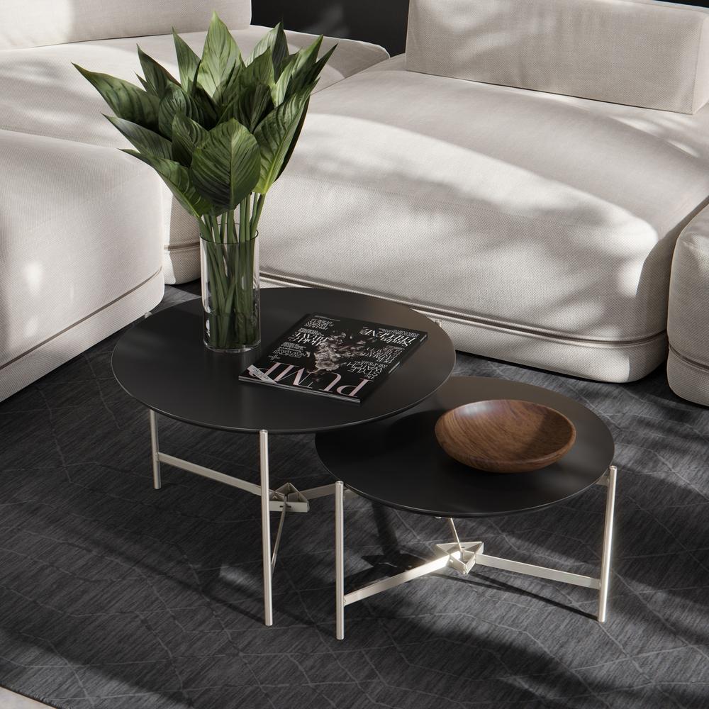 Jogo 2 Mesas Industrial Centro Sala Prisma Mesinhas MDF Redonda Pequena Pés Ferro Resistente Decoração Casa - Preto - RPM