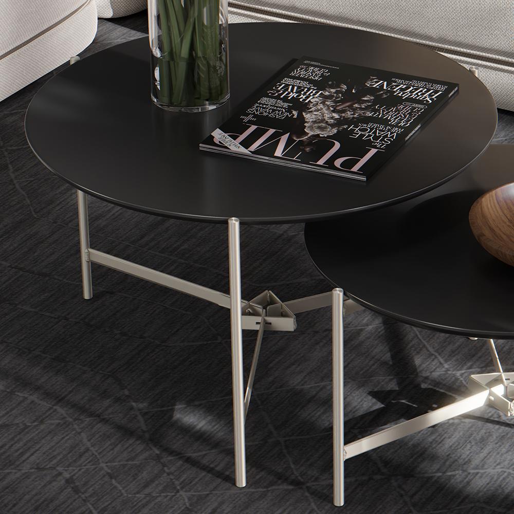 Jogo 2 Mesas Industrial Centro Sala Prisma Mesinhas MDF Redonda Pequena Pés Ferro Resistente Decoração Casa - Preto - RPM