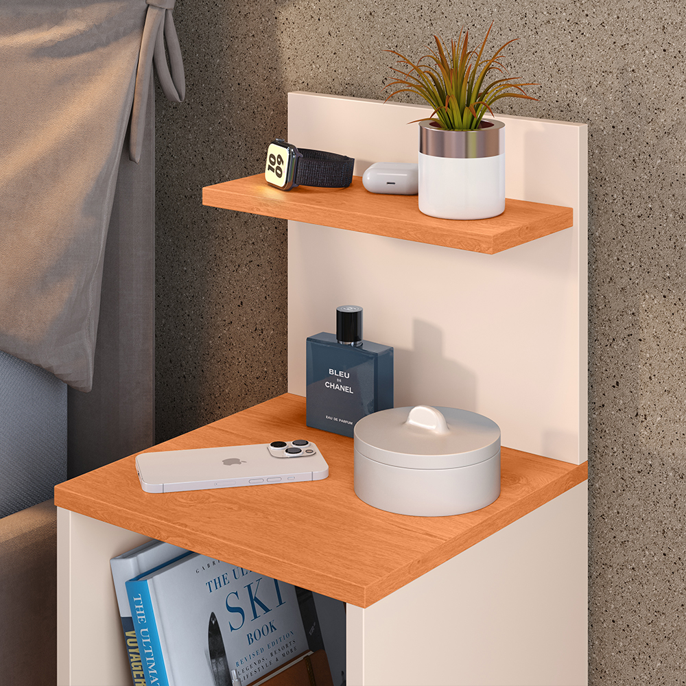 Jogo Quarto 2 Mesas Cabeceira Fantasy Off White/Cinamomo Prateleira Nicho Decorativo Painel Suspenso Júlia Cama Box Casal 1,40 Bege Suede - Lojas RPM