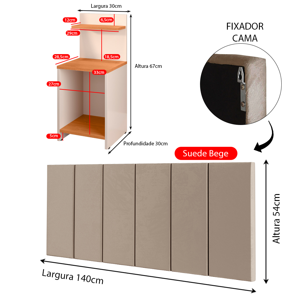 Jogo Quarto 2 Mesas Cabeceira Fantasy Off White/Cinamomo Prateleira Nicho Decorativo Painel Suspenso Júlia Cama Box Casal 1,40 Bege Suede - Lojas RPM